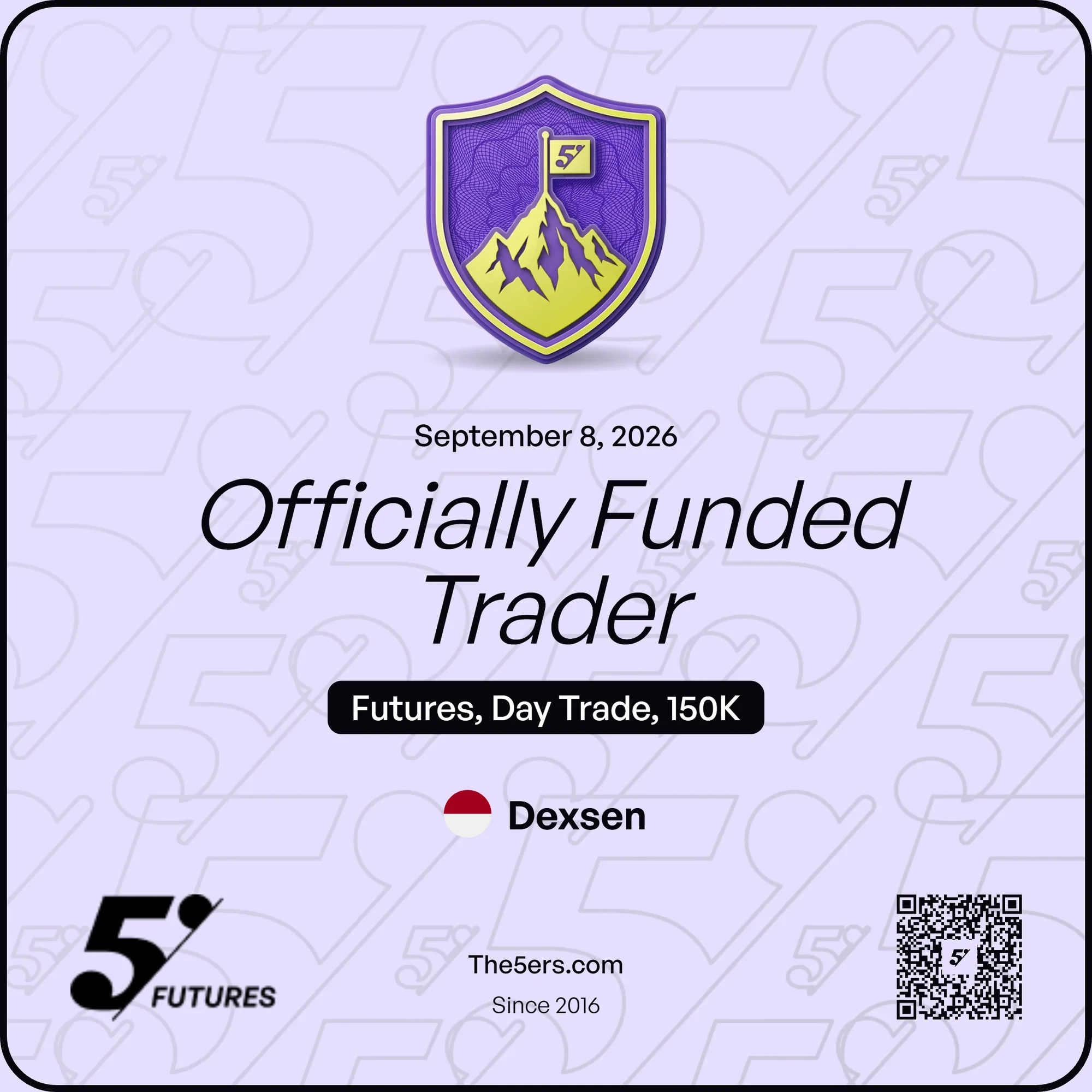 The5ers Futures Officially Funded Trader certificate, Day Trade 150K, September 2026