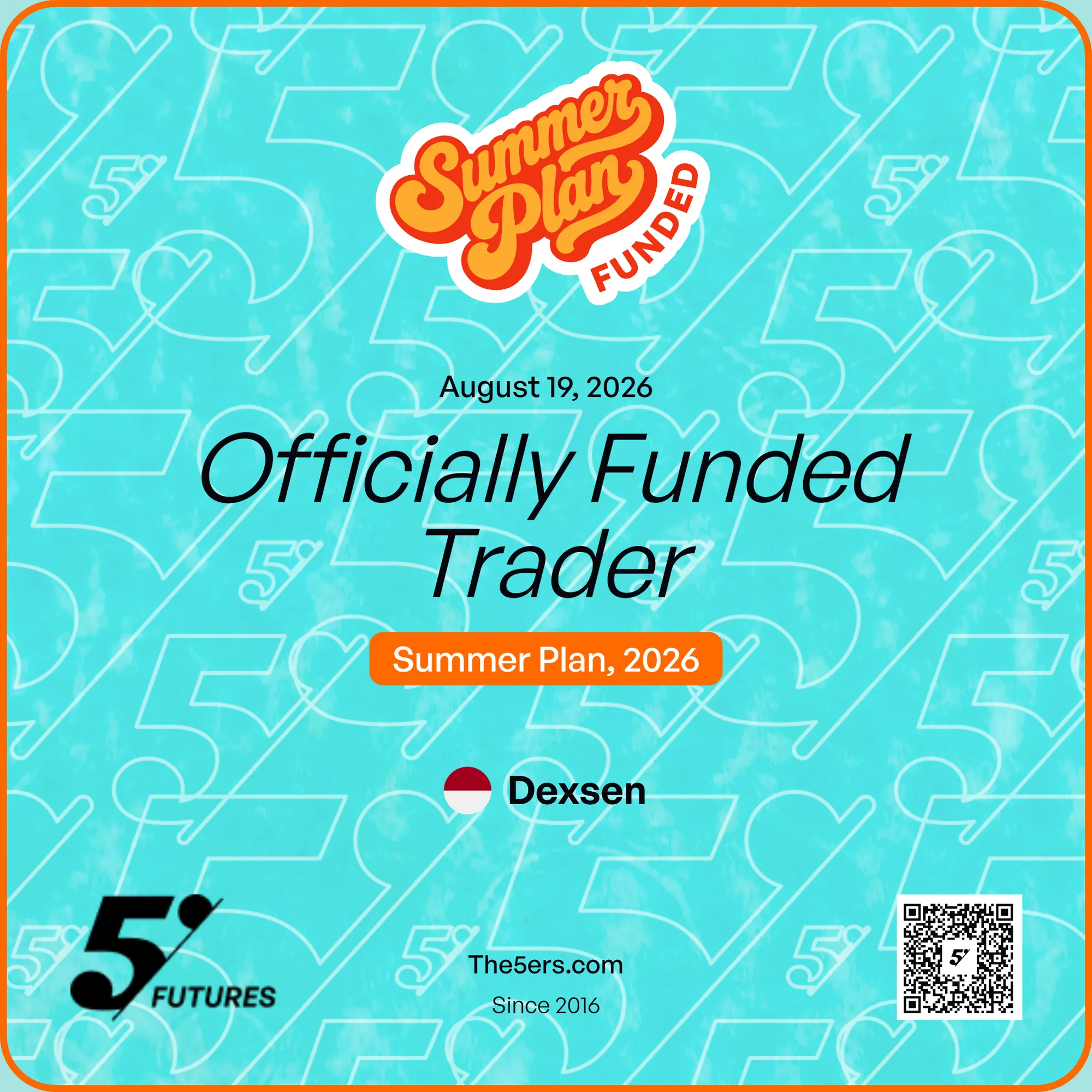 The5ers Futures Officially Funded Trader certificate, Summer Plan 2026, August 2026