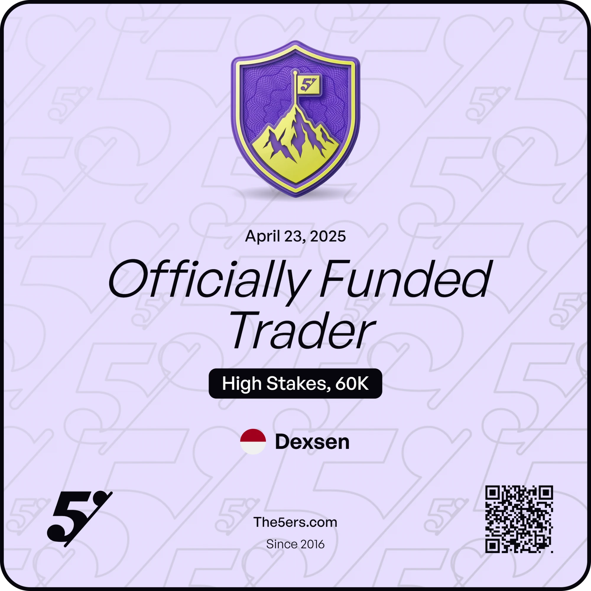 The5ers Officially Funded Trader certificate, High Stakes 60K, April 2025